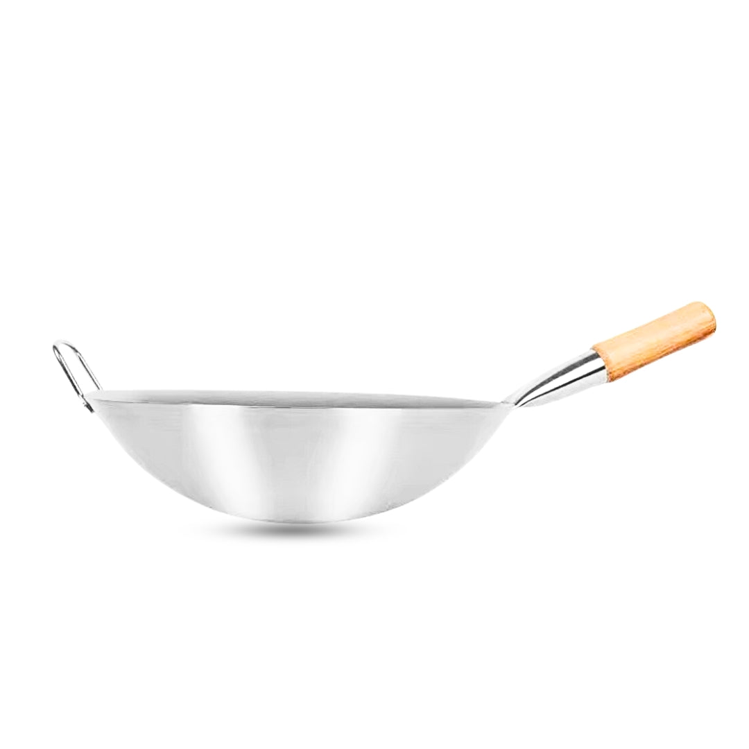 NNEAGS 38cm Stainless Steel Kitchen Cooking Wok with Wood Handle-0
