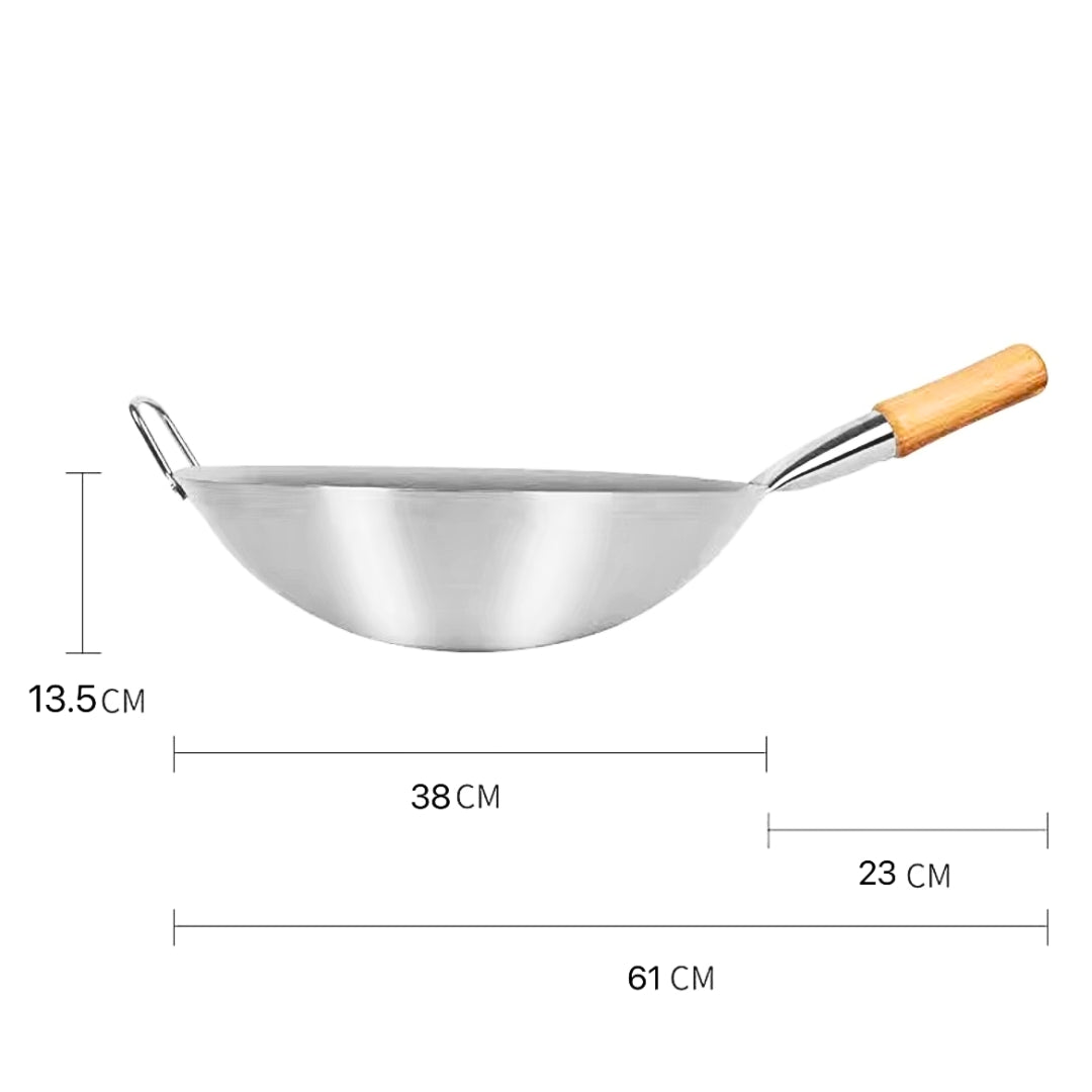 NNEAGS 38cm Stainless Steel Kitchen Cooking Wok with Wood Handle-1