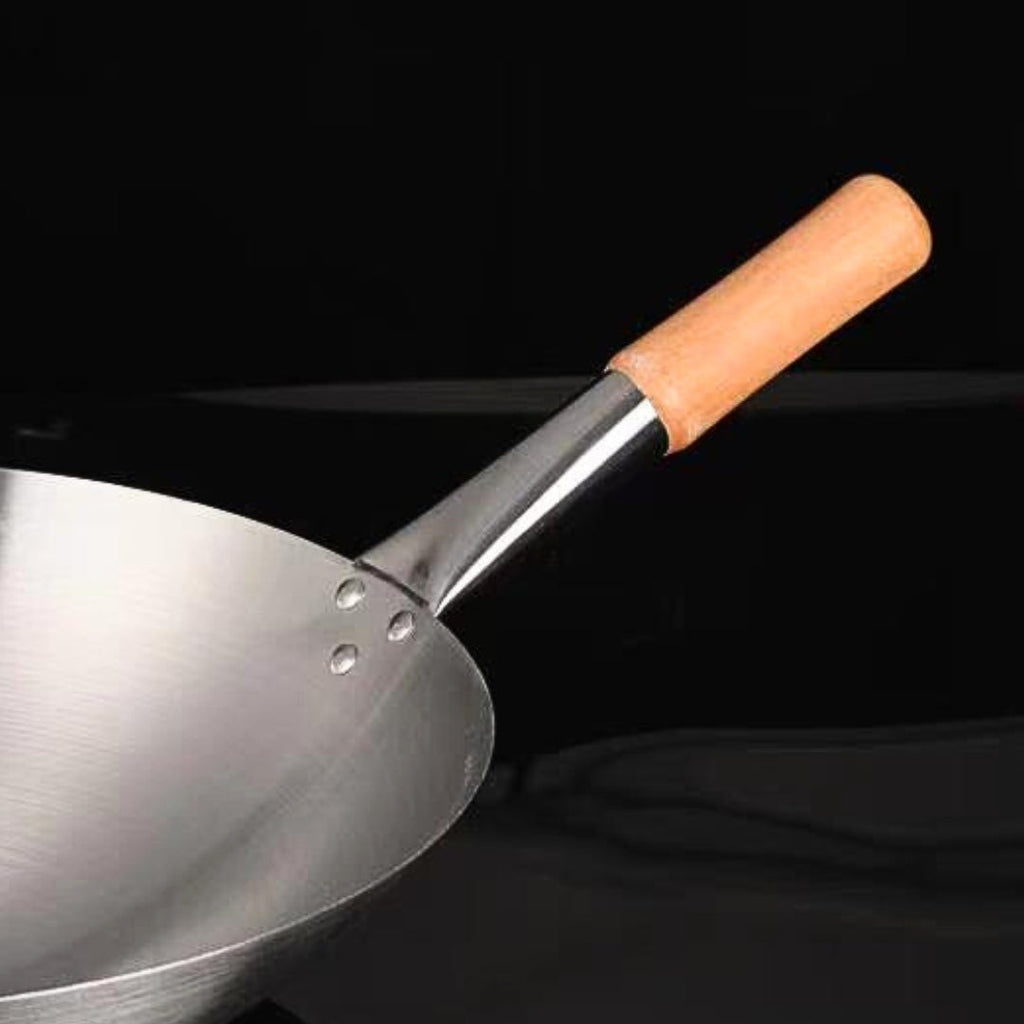 NNEAGS 38cm Stainless Steel Kitchen Cooking Wok with Wood Handle-2