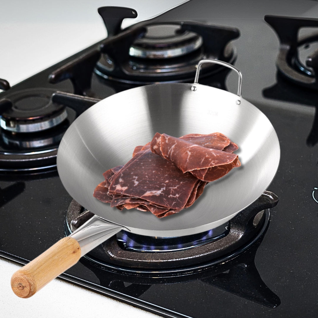 NNEAGS 38cm Stainless Steel Kitchen Cooking Wok with Wood Handle-3
