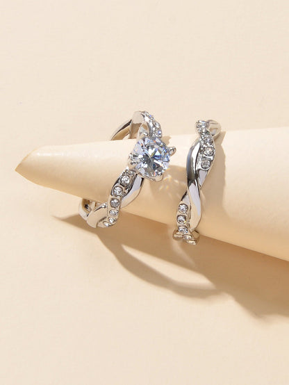 2pcs Luxury Women Band Simulated Diamond Silver Finger Wedding Engagement Ring
