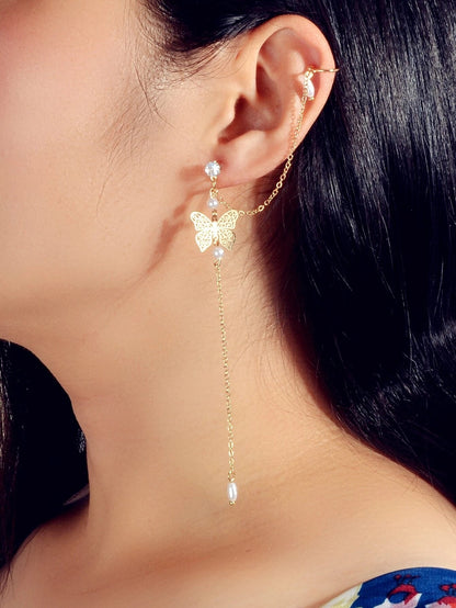 1pc Crystal Pearl Butterfly Long Chain Cartilage Stud Earring Stunning Ear Cuff