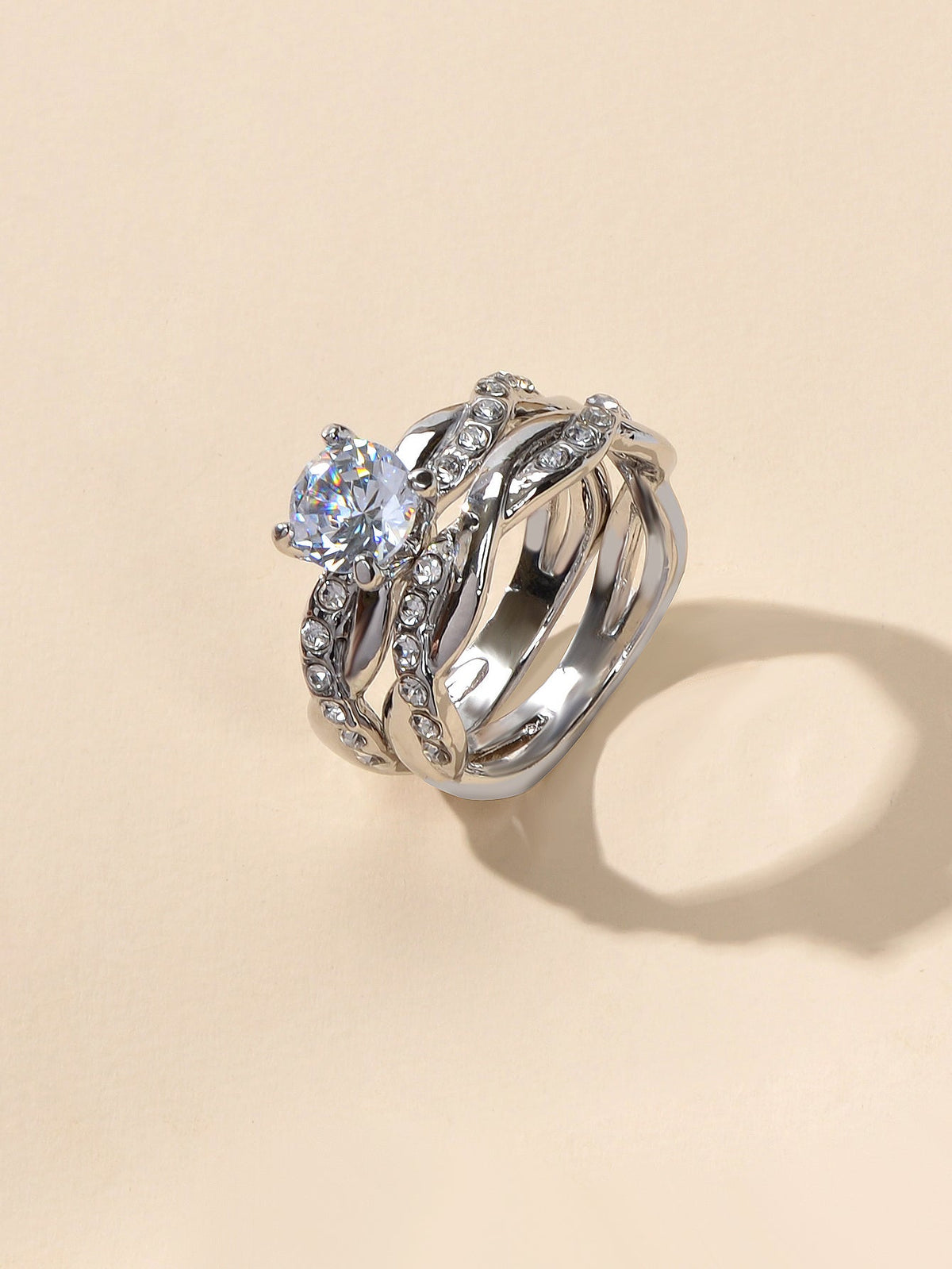 2pcs Luxury Women Band Simulated Diamond Silver Finger Wedding Engagement Ring