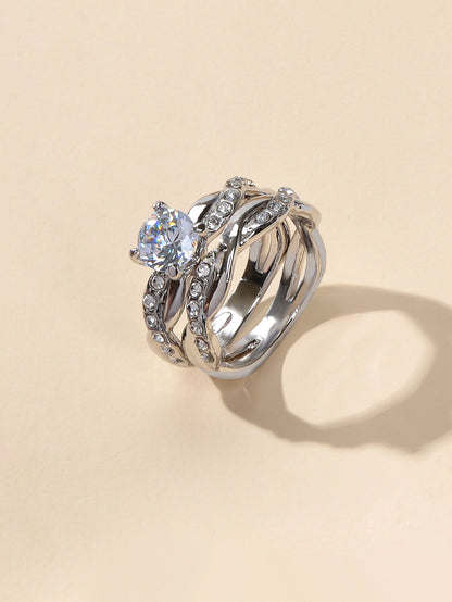 2pcs Luxury Women Band Simulated Diamond Silver Finger Wedding Engagement Ring