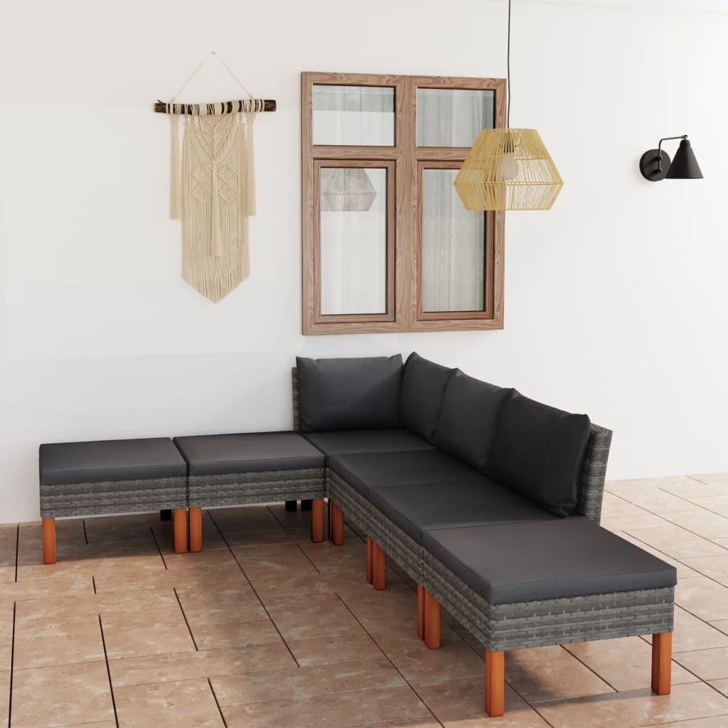NNEVL 6 Piece Garden Lounge Set with Cushions Poly Rattan Grey-0