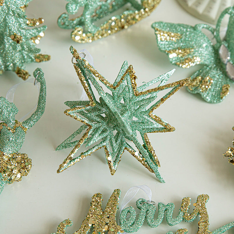 NNEDSZ Green Glitter 3D Star Ornament with Gold Accents -Hanging Christmas Decoration 5 pieces-1