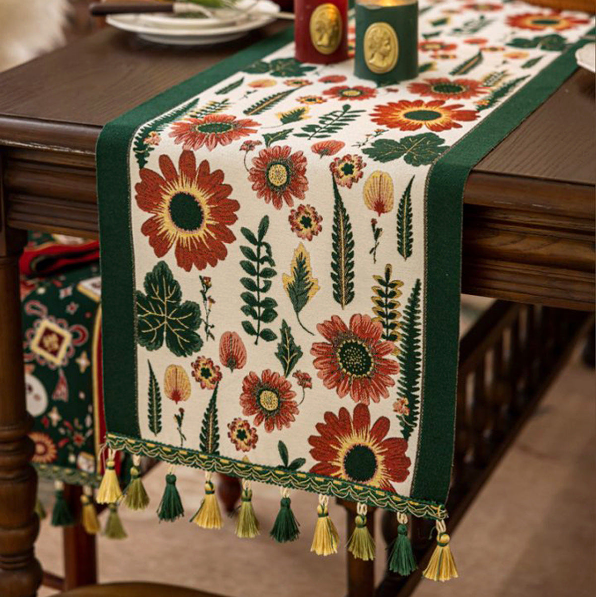 NNEDSZ 35x200cm Green Pastoral Table Runner - Spring Floral Oil Painting Style with Tassels-0