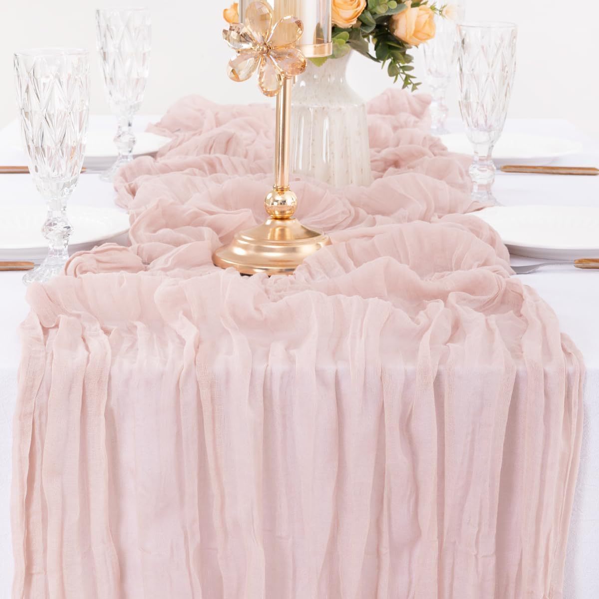 NNEDSZ Pink Bohemian Gauze Table Runner 2-Pack - Polyester Fabric for Party and Birthday Table Decor-0