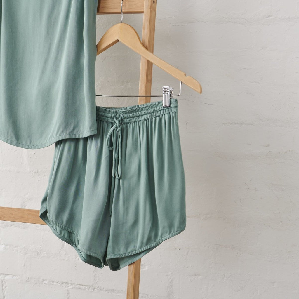 Bamboo Pyjamas - Button Up + Short PJ Set in Sage Green