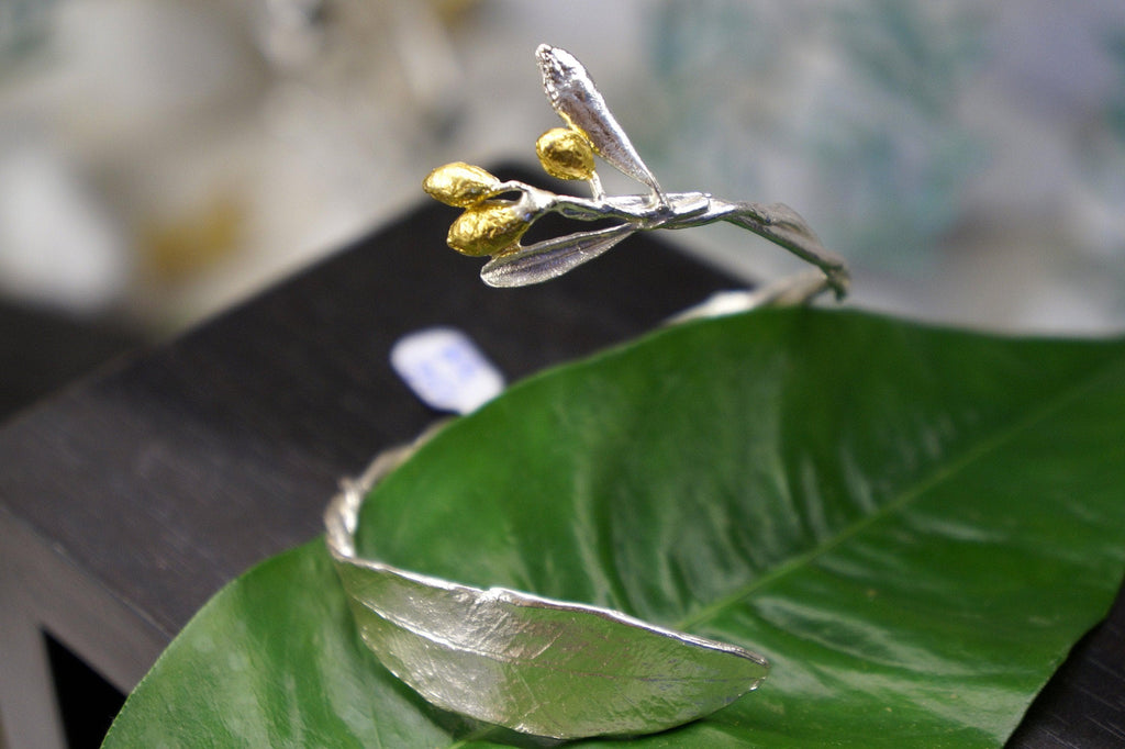 Olive Branch Cuff Bracelet: Gold Plated Brass - Adjustable Bangle