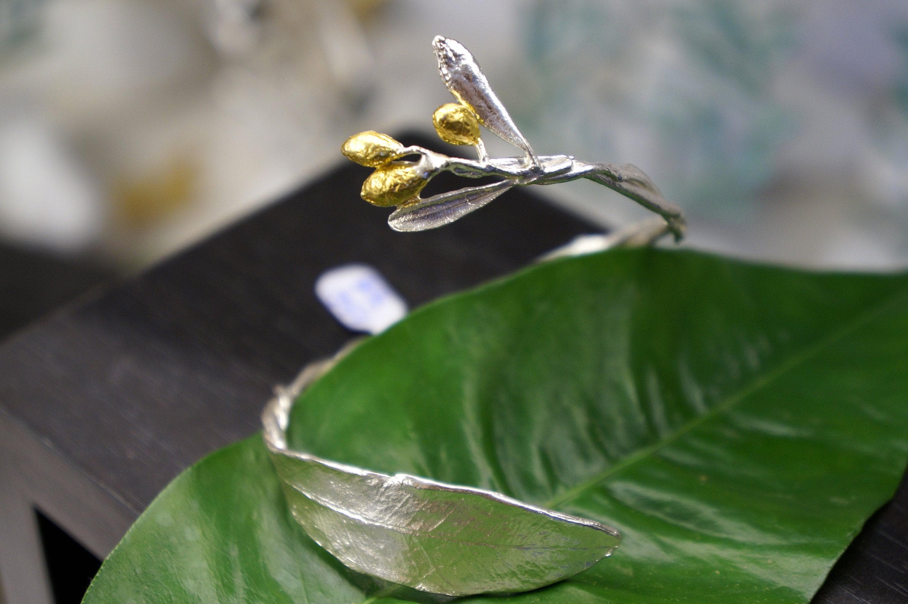 Olive Branch Cuff Bracelet: Gold Plated Brass - Adjustable Bangle