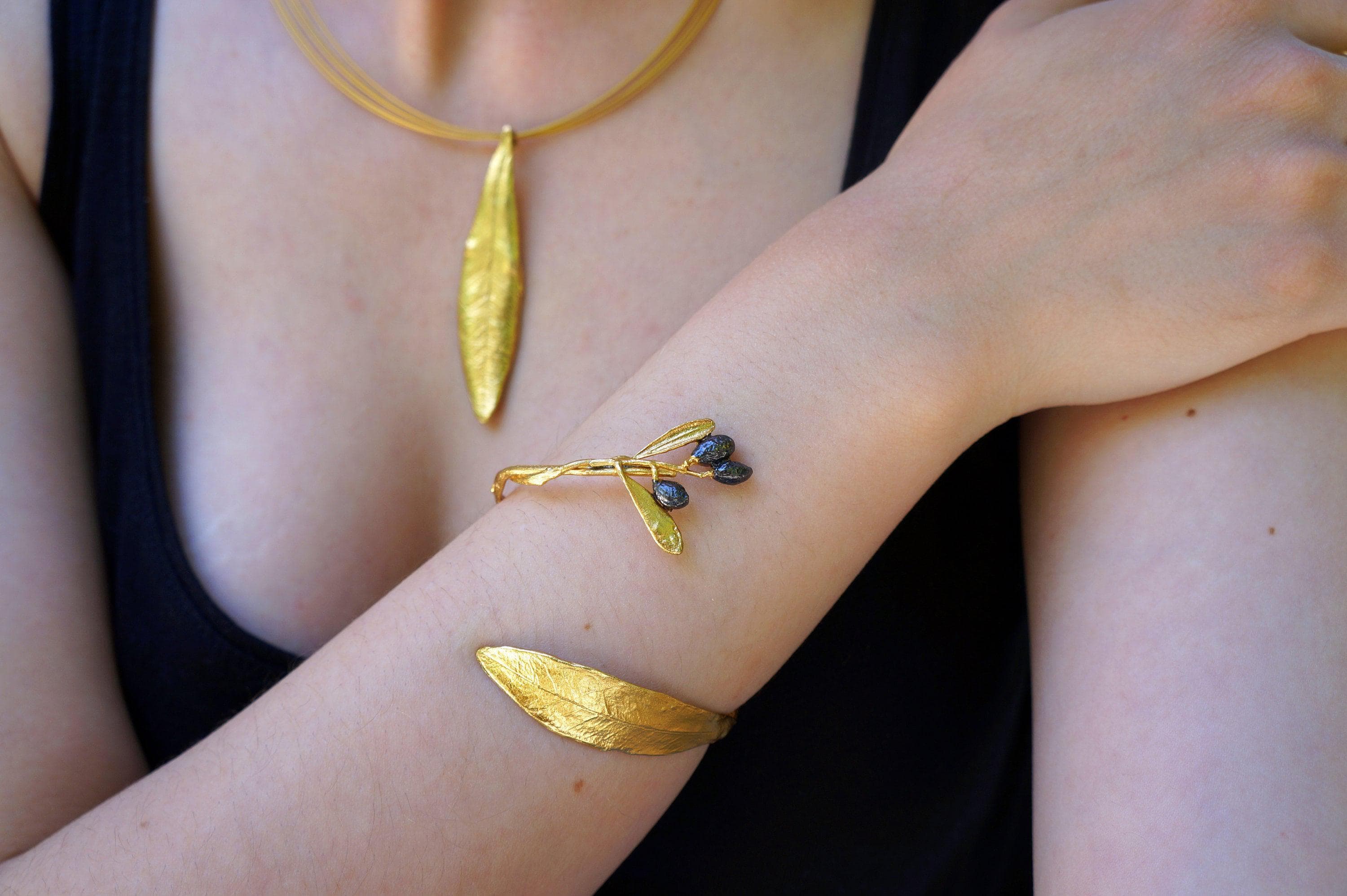 Olive Branch Cuff Bracelet: Gold Plated Brass - Adjustable Bangle