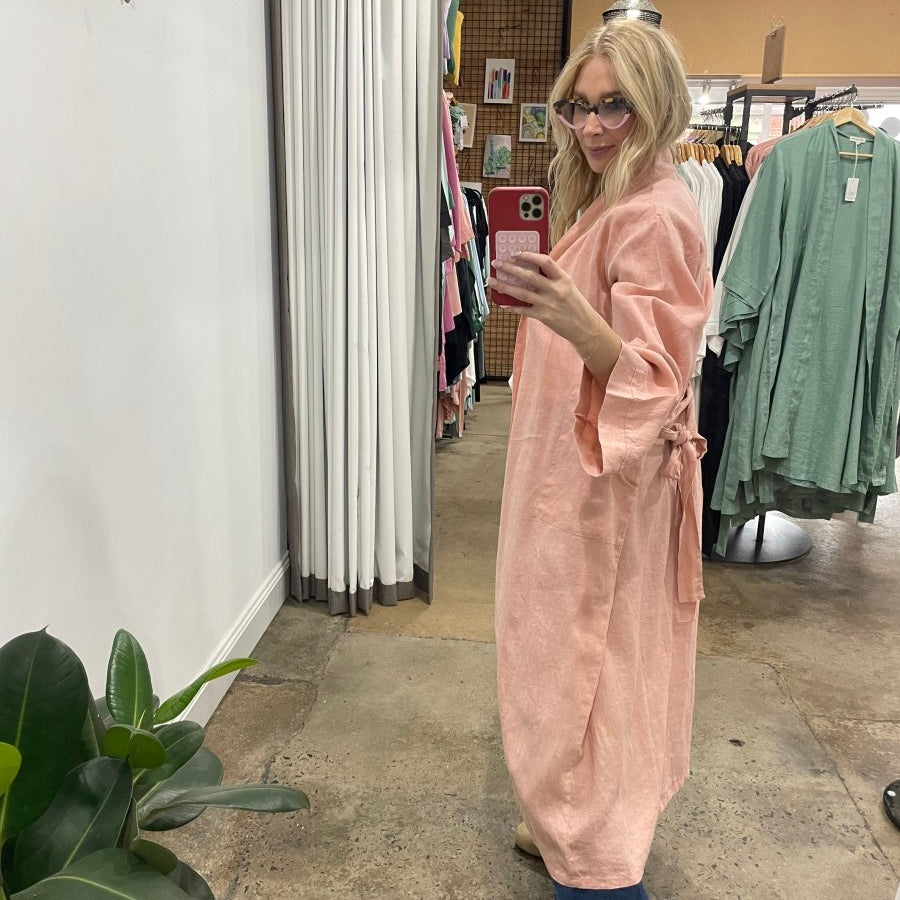 Linen Bathrobe - Pink (Long)