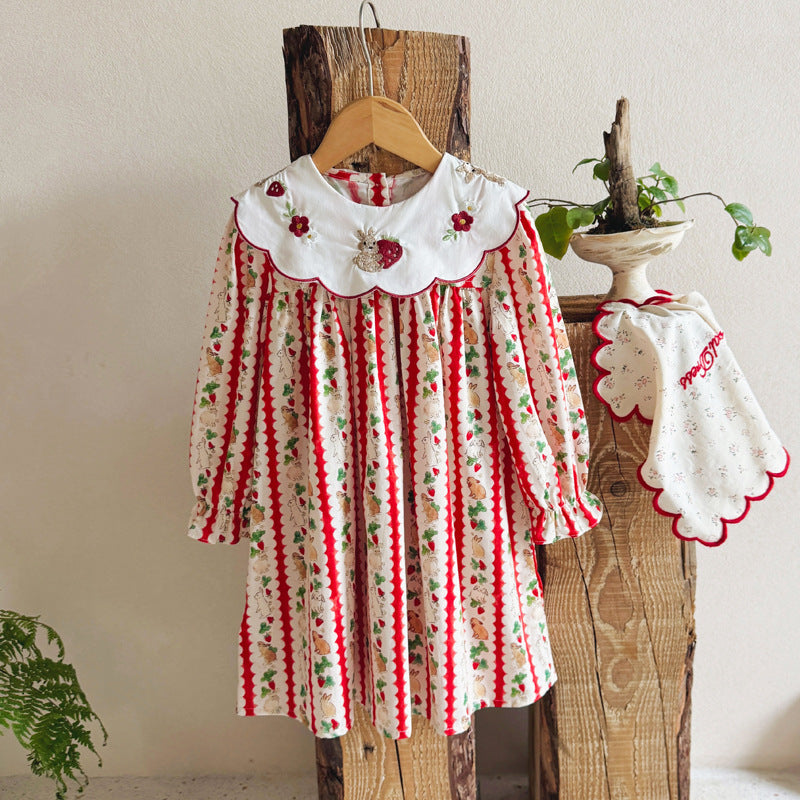 Autumn Arrival Baby Kids Girls Rabbits and Striped Pattern Long Sleeves Dress with Collar