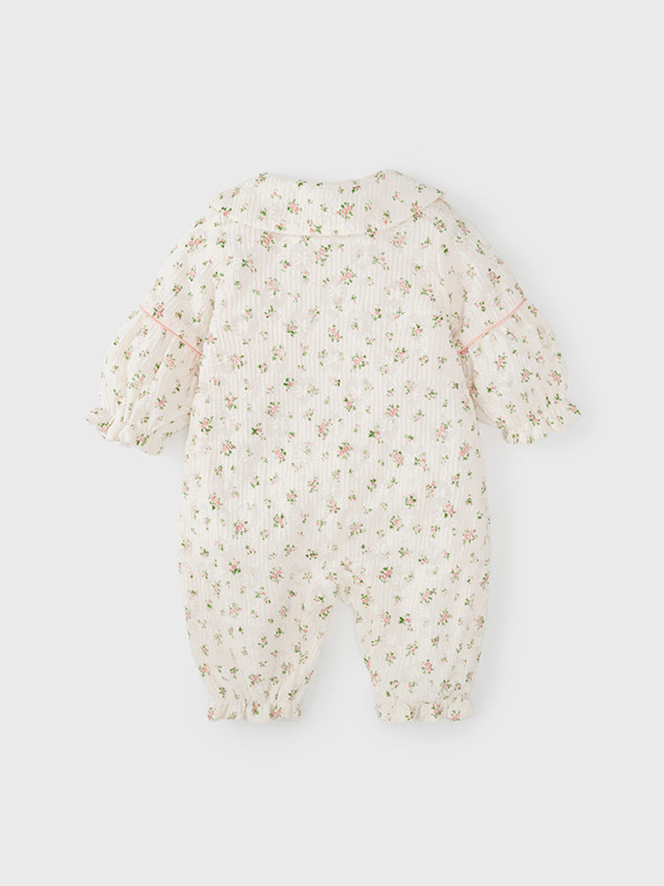 Autumn Arrival Baby Girls Flowers Pattern Single Breasted Romper with Cute Collar