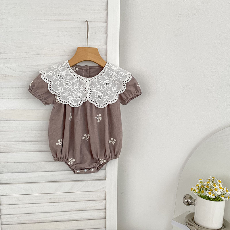 Summer Girls Simple Flowers Embroidery Pattern Short Sleeves bodysuit and Girls’ Dress – Princess Sister Matching Set