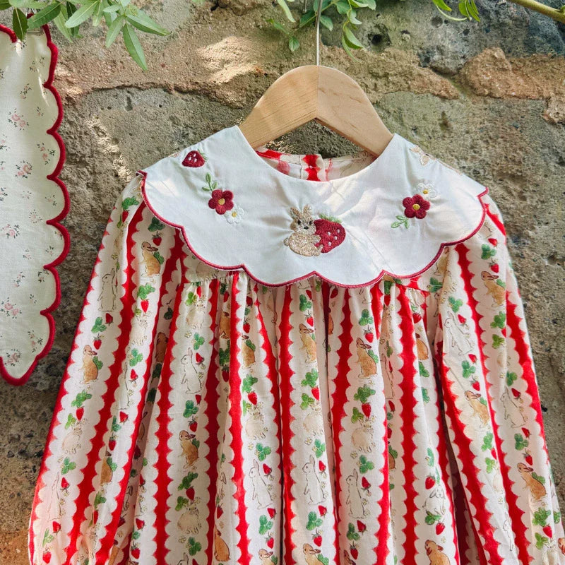 Autumn Arrival Baby Kids Girls Rabbits and Striped Pattern Long Sleeves Dress with Collar
