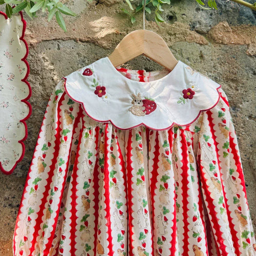 Autumn Arrival Baby Kids Girls Rabbits and Striped Pattern Long Sleeves Dress with Collar