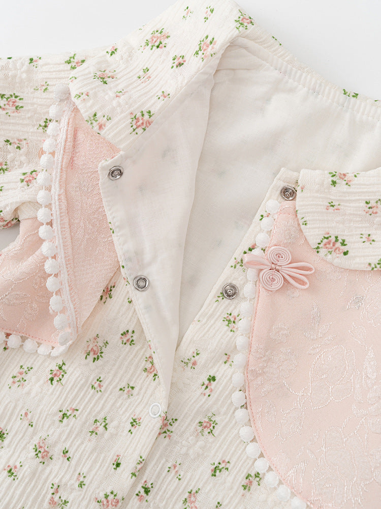 Autumn Arrival Baby Girls Flowers Pattern Single Breasted Romper with Cute Collar
