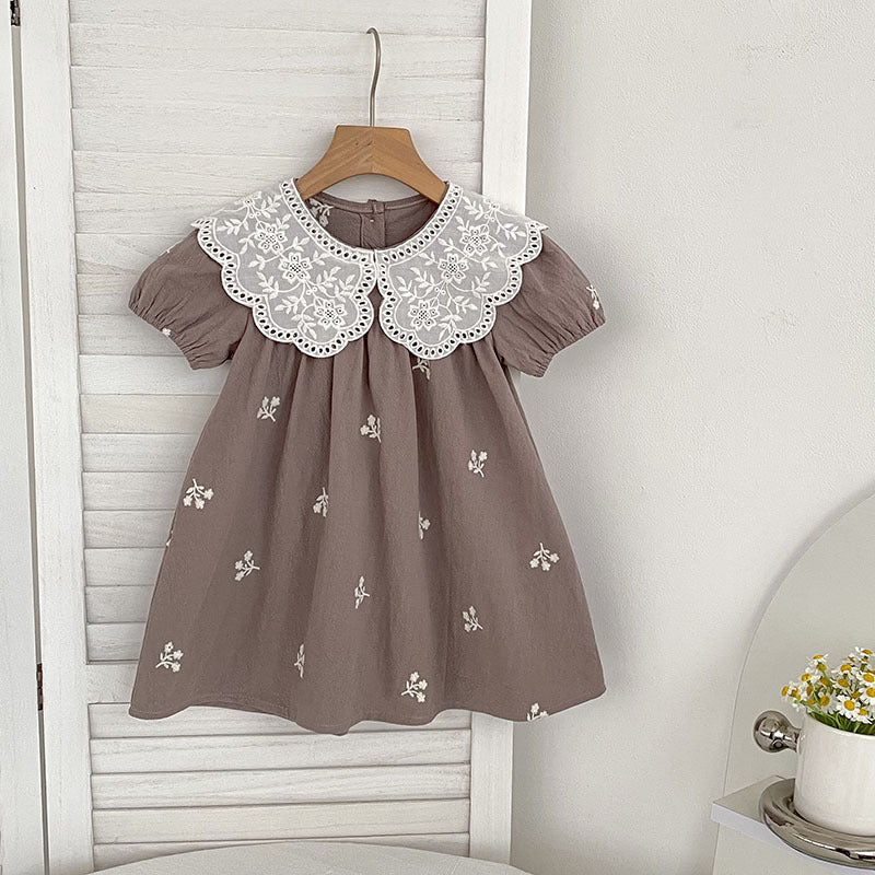 Summer Girls Simple Flowers Embroidery Pattern Short Sleeves bodysuit and Girls’ Dress – Princess Sister Matching Set