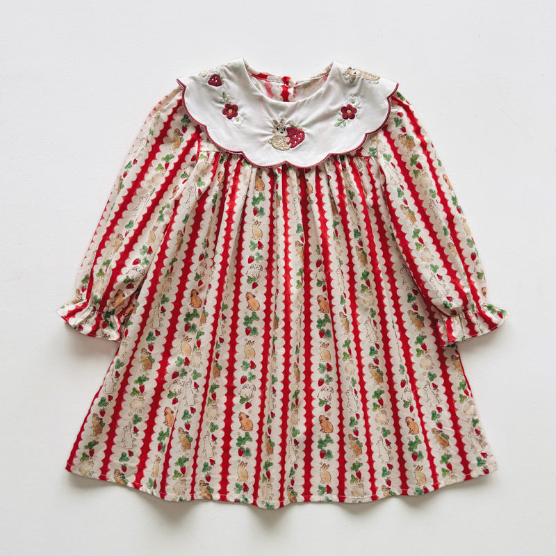 Autumn Arrival Baby Kids Girls Rabbits and Striped Pattern Long Sleeves Dress with Collar