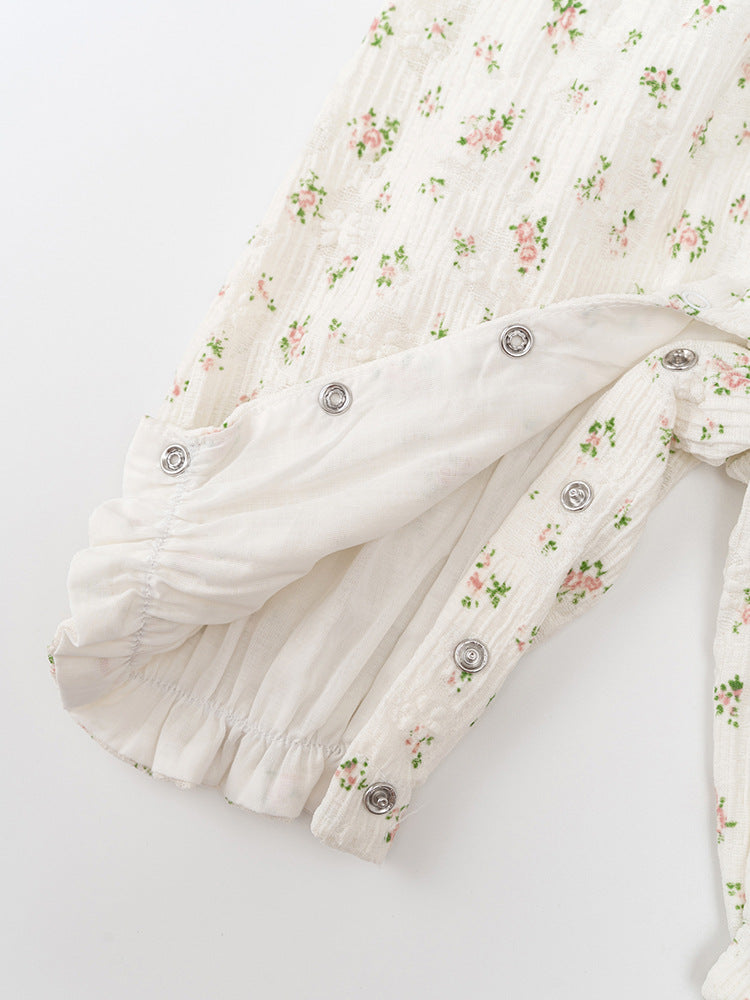 Autumn Arrival Baby Girls Flowers Pattern Single Breasted Romper with Cute Collar