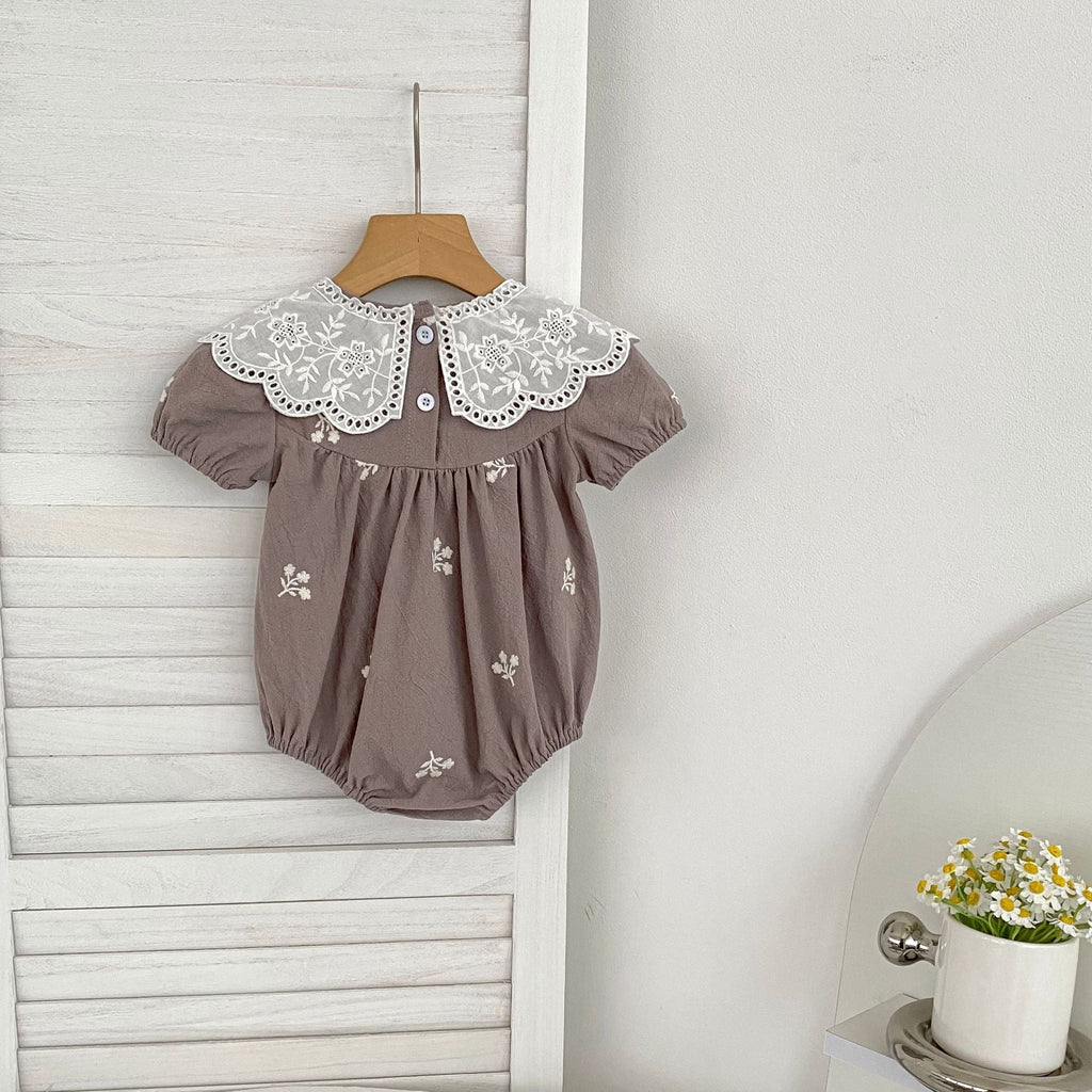 Summer Girls Simple Flowers Embroidery Pattern Short Sleeves bodysuit and Girls’ Dress – Princess Sister Matching Set
