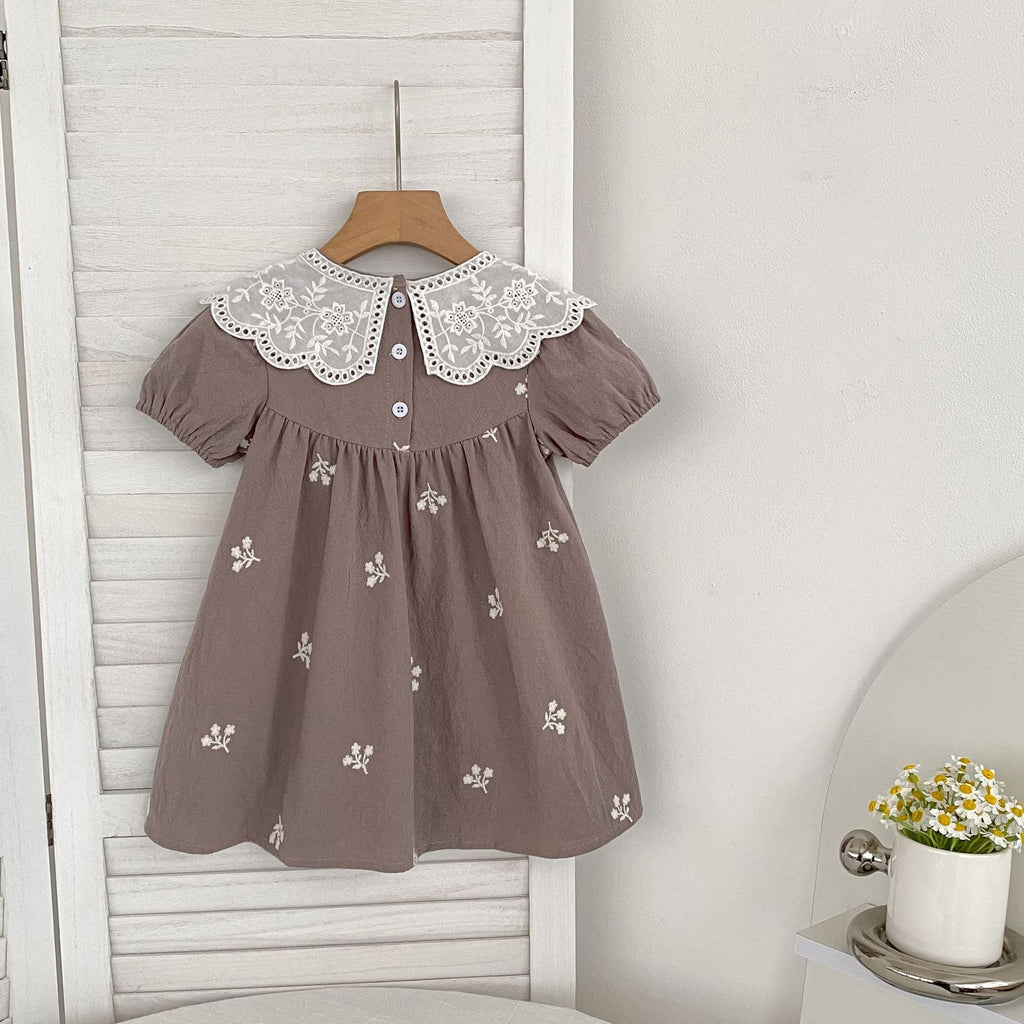 Summer Girls Simple Flowers Embroidery Pattern Short Sleeves bodysuit and Girls’ Dress – Princess Sister Matching Set