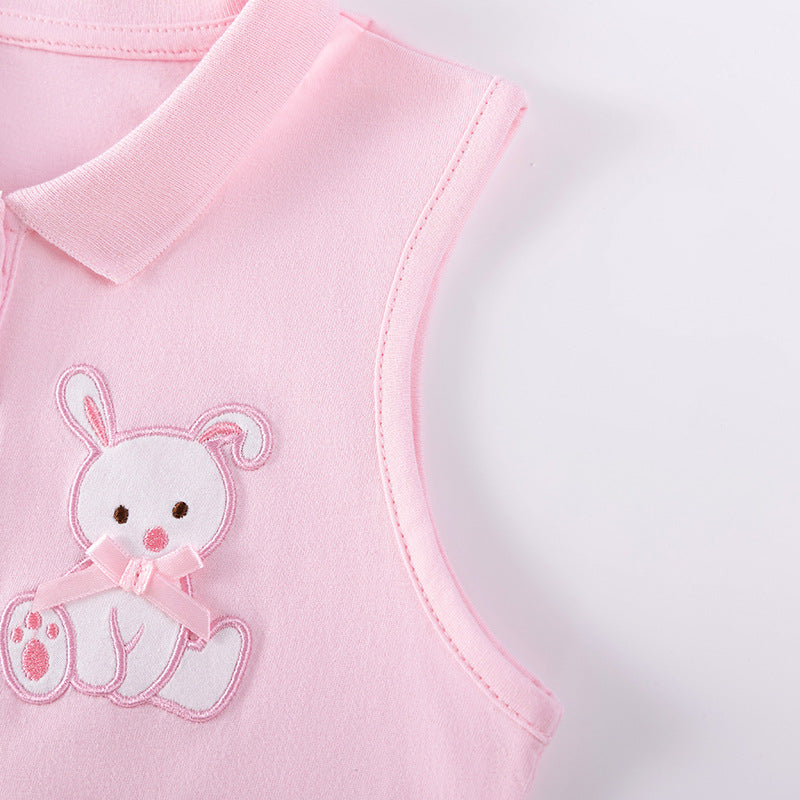 Summer Arrival Teddy Bear Pattern Embroidered Sleeveless Dress for Stylish Girls