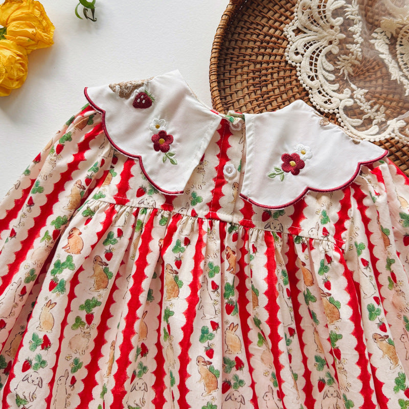 Autumn Arrival Baby Kids Girls Rabbits and Striped Pattern Long Sleeves Dress with Collar