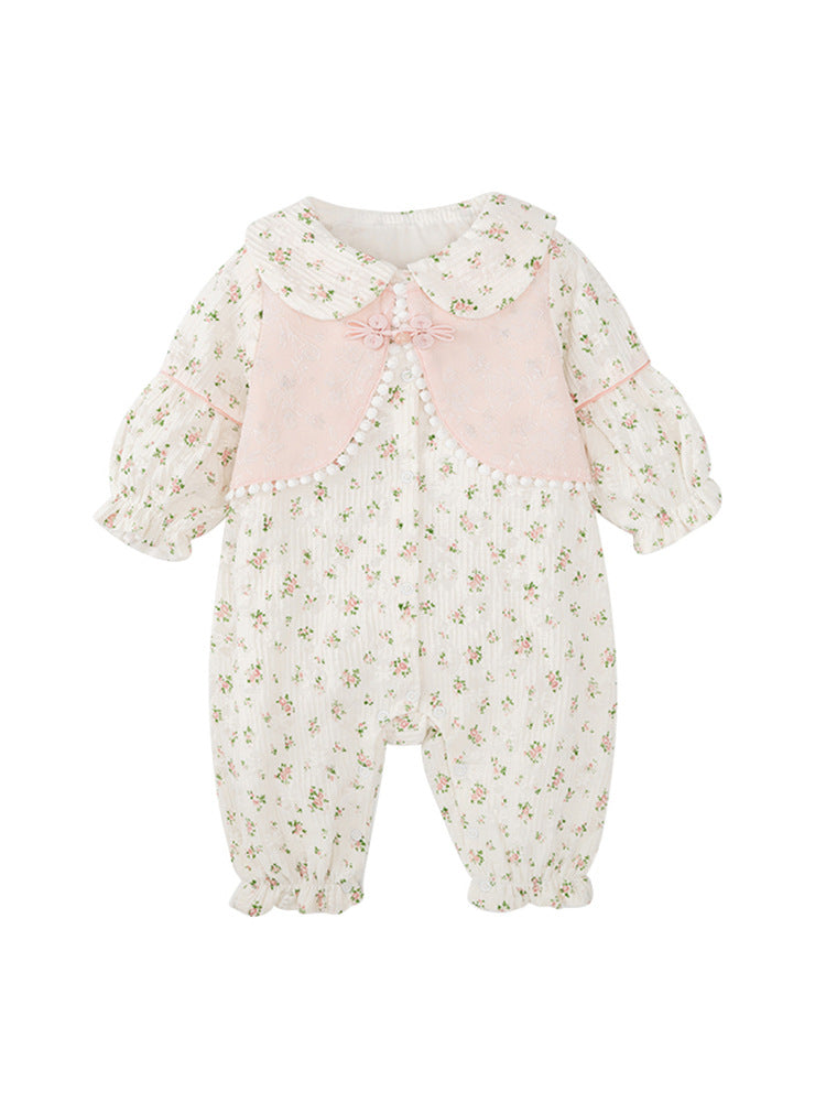 Autumn Arrival Baby Girls Flowers Pattern Single Breasted Romper with Cute Collar