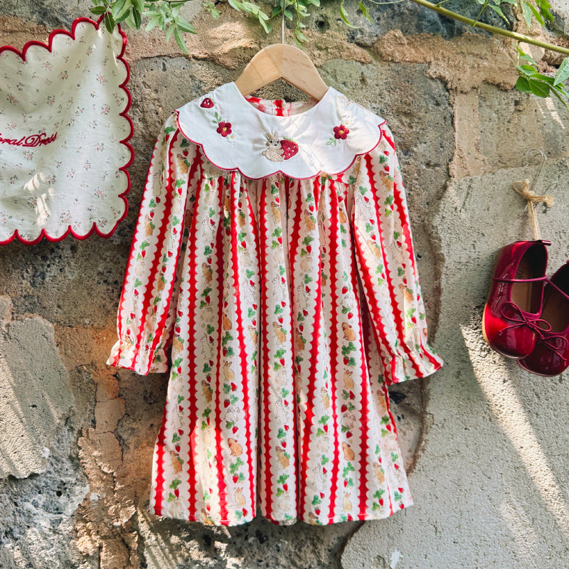 Autumn Arrival Baby Kids Girls Rabbits and Striped Pattern Long Sleeves Dress with Collar