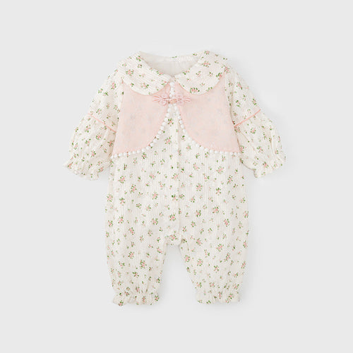 Autumn Arrival Baby Girls Flowers Pattern Single Breasted Romper with Cute Collar