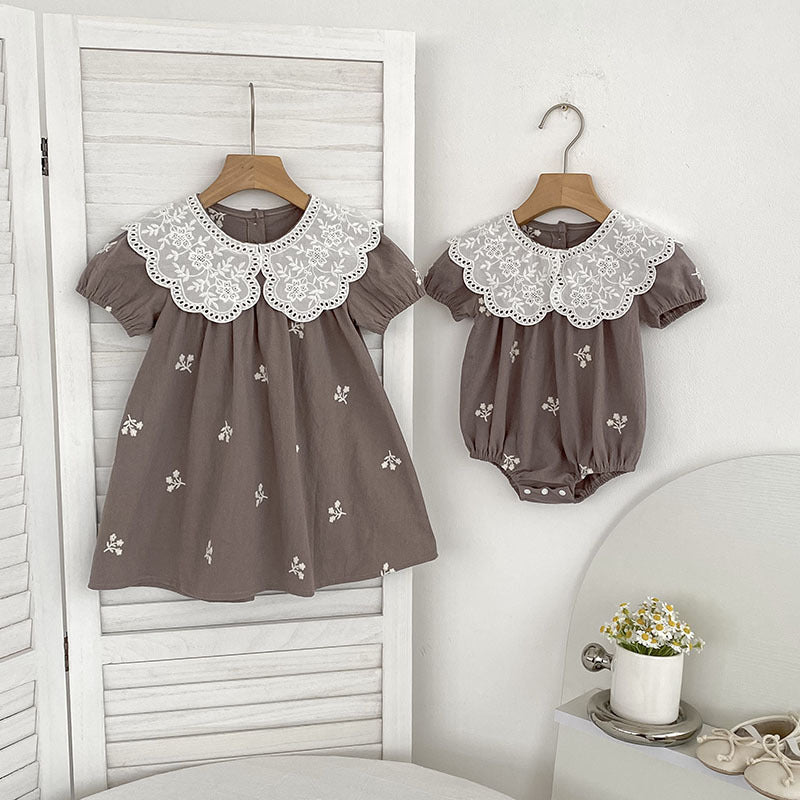 Summer Girls Simple Flowers Embroidery Pattern Short Sleeves bodysuit and Girls’ Dress – Princess Sister Matching Set
